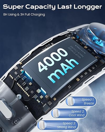 Miniatura 3 de Ventilador de cuello, ventilador portátil de 360, 3 velocidades, 4000 mAh, ventiladores de cuello que soplan aire frío recargable USB, ventilador
