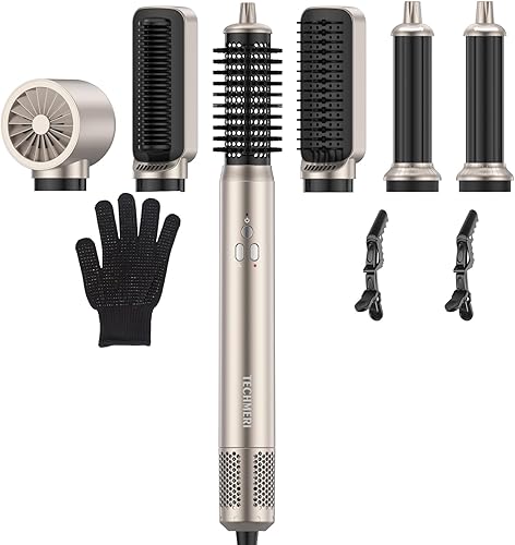TECHMERI - Cepillo secador de pelo 6 en 1, iones de cepillo para secador de pelo, herramientas de peinado desmontables, rizador de envoltura