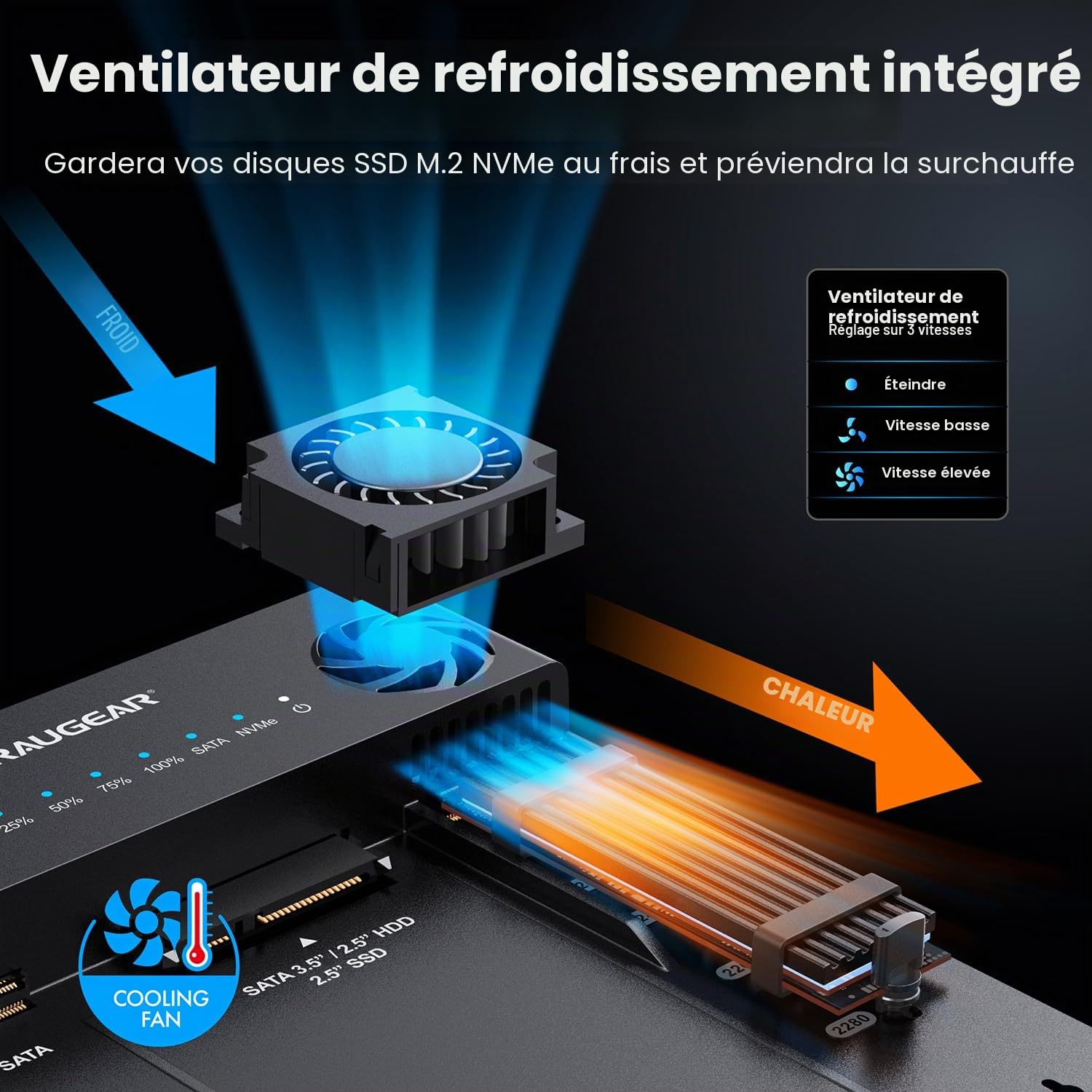 GRAUGEAR Station de Clonage Bidirectionnelle pour Disques Durs 2,5"/3,5" SATA HDD, SSD M.2 SATA et M.2 NVMe, Station d’Accueil pour Disques, Lecteur, USB3.2 Gen2 (10Gbit/s), Ventilateur Silencieux
