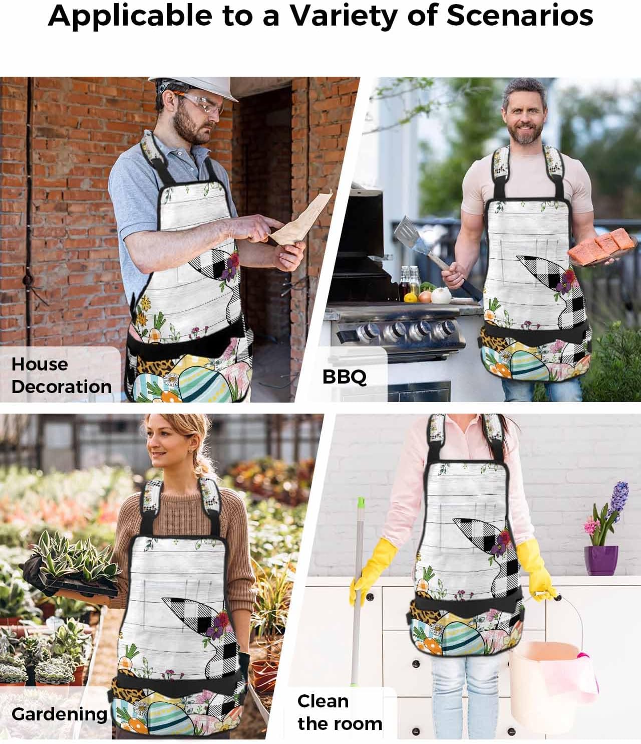 Work Apron for Men Adjustable Woodworking Apron 16 Pockets Oxford Apron Easter Eggs Check Bunny Wood Grain White Tool Apron