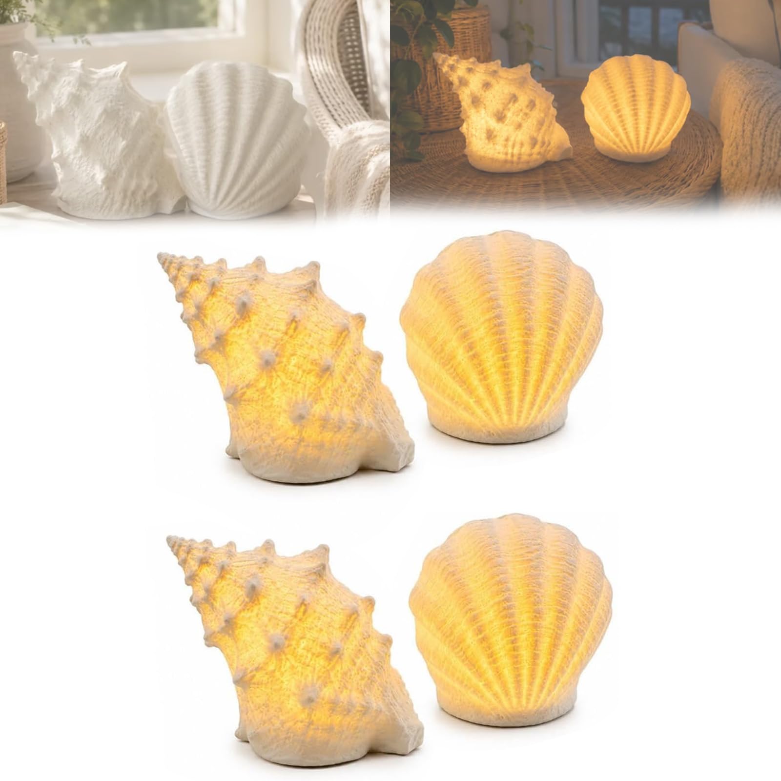 Coastal Afterglow Shell & Conch Light Set, Seashell Table Lamp，2SET