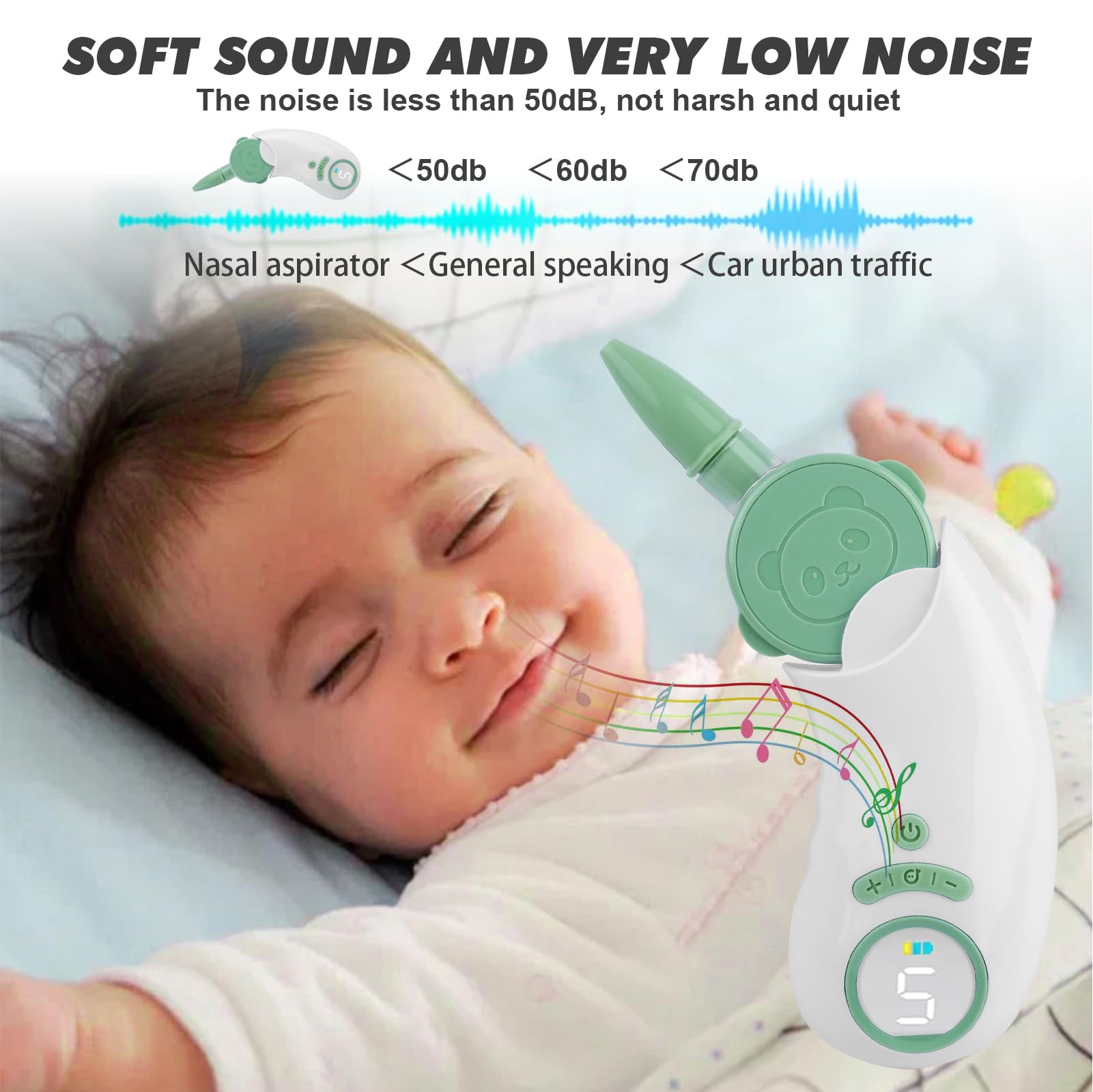 Aspiratore Nasale Neonato Elettrico con 5 Livelli di Aspirazione, Aspiratore Nasale Elettrico con Display, Ricaricabile Aspira Muco Neonato con 2 Beccucci in Silicone, Pinzette e Funzione Musica