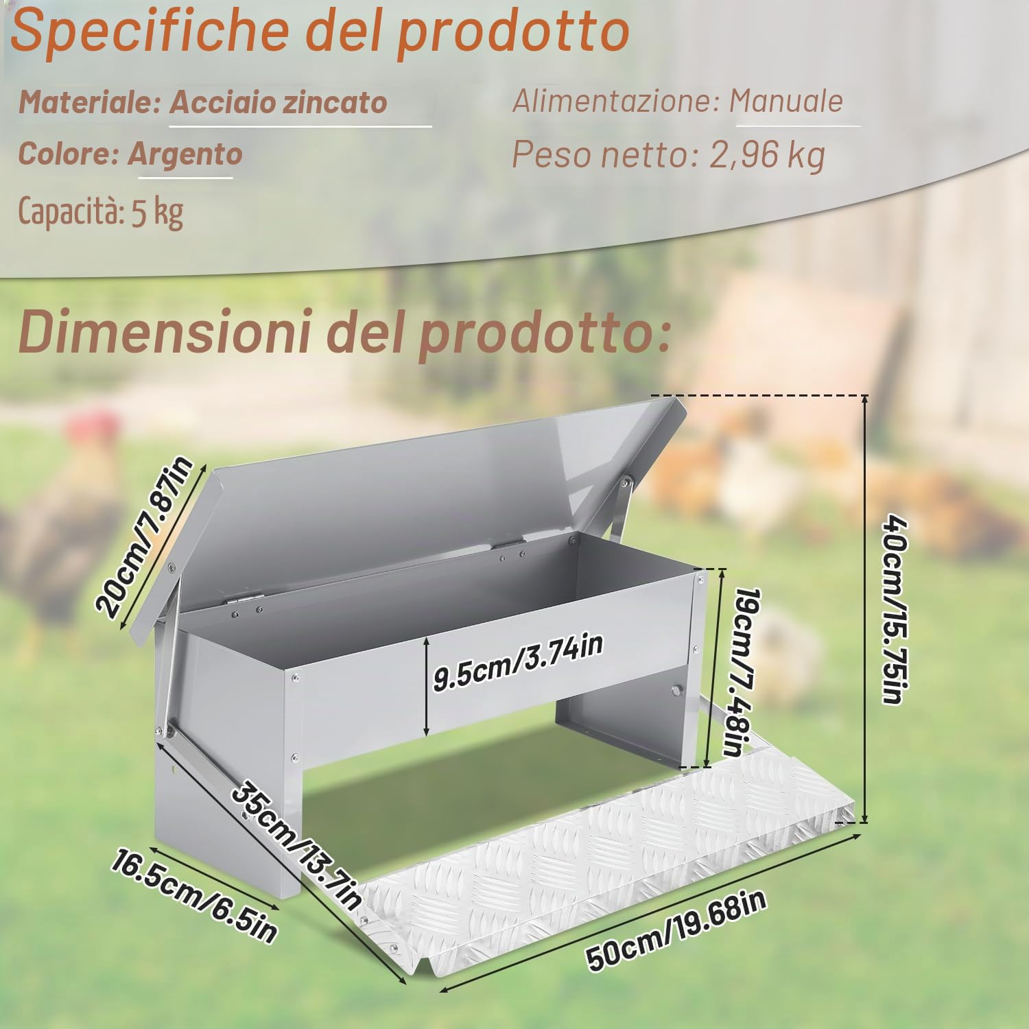 Sonnewelt Mangiatoia automatica per polli in acciaio zincato, 5 kg, distributore di mangime per polli, mangiatoia con pedale automatico e copertura impermeabile, mangime per polli e altri volatili