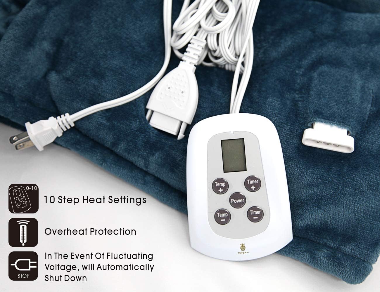MARQUESS Electric Blanket Queen Size, Sherpa Flannel Heated Blanket with Dual Control, 10 Heat Settings, Automatic Shut Off Adjustable, Machine Washable (Navy, Queen) : Home & Kitchen