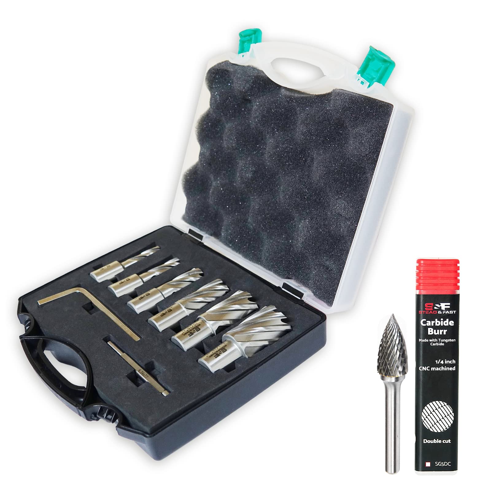 S&F STEAD & FAST Annular Cutter Set 6 Pcs, Cutting Depth 1”, Outside Diameter 1/2 to 1-1/16 Inch/Carbide Burr with 1/4” Shank 1/2” Cutter Dia 1” Length, Grinding Burr bit