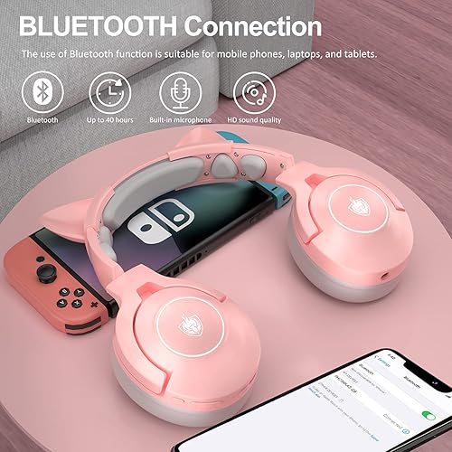 Miniatura 5 de PHOINIKAS Auriculares inalámbricos para juegos con bonitas orejas de gato con cable para PS5 PS4 PC Nintendo Switch Q9 sobre la oreja con micrófono
