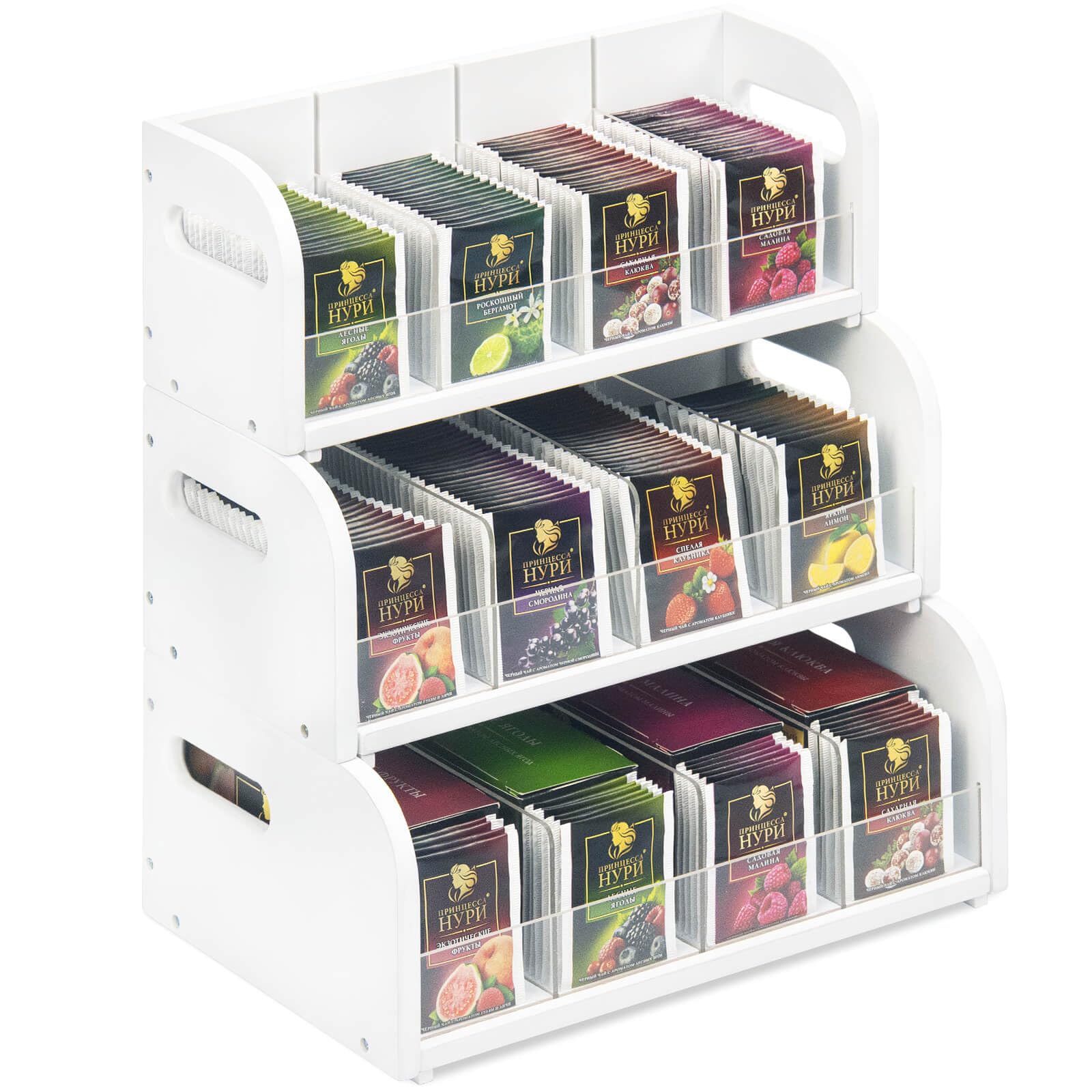 Bamboo Tea Bag Organizer, 3-Tier Tea Bag Holder Storage Organizer, Stackable Tea Packet Rack/Shelf, Tea Station Stand with Acrylic Partition for Counter, Cabinet and Pantry-White