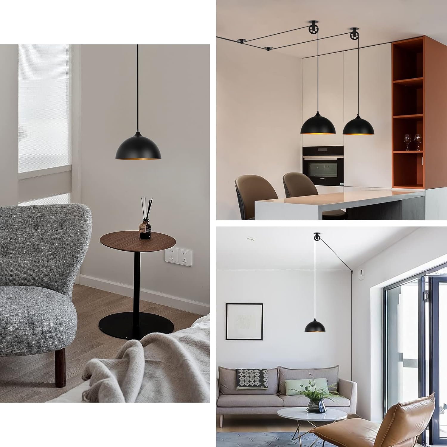 Modern Plug in Pulley Black and Brass Domed Pendant Light with 19.4ft Cord On/Off Switch, Retro Metal Barn Hanging Ceiling Lampshade for Farmhouse Kitchen Island Bedroom Hallway (2 Pack)