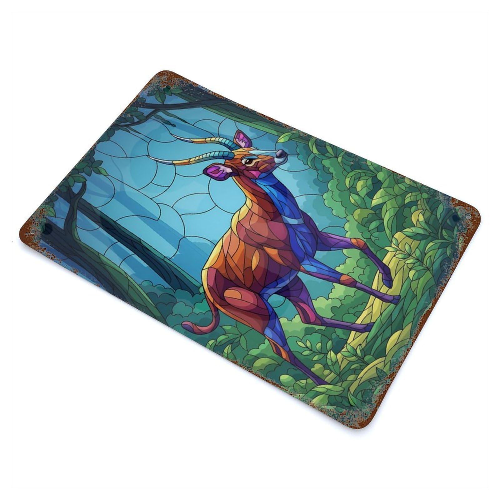 Rust Effect Stained Glass Antelope in Forest Rusty Metal Tin Sign 11.8"x7.9", Old School Wall Decor for Basement, Hobby Room And Garage Decor