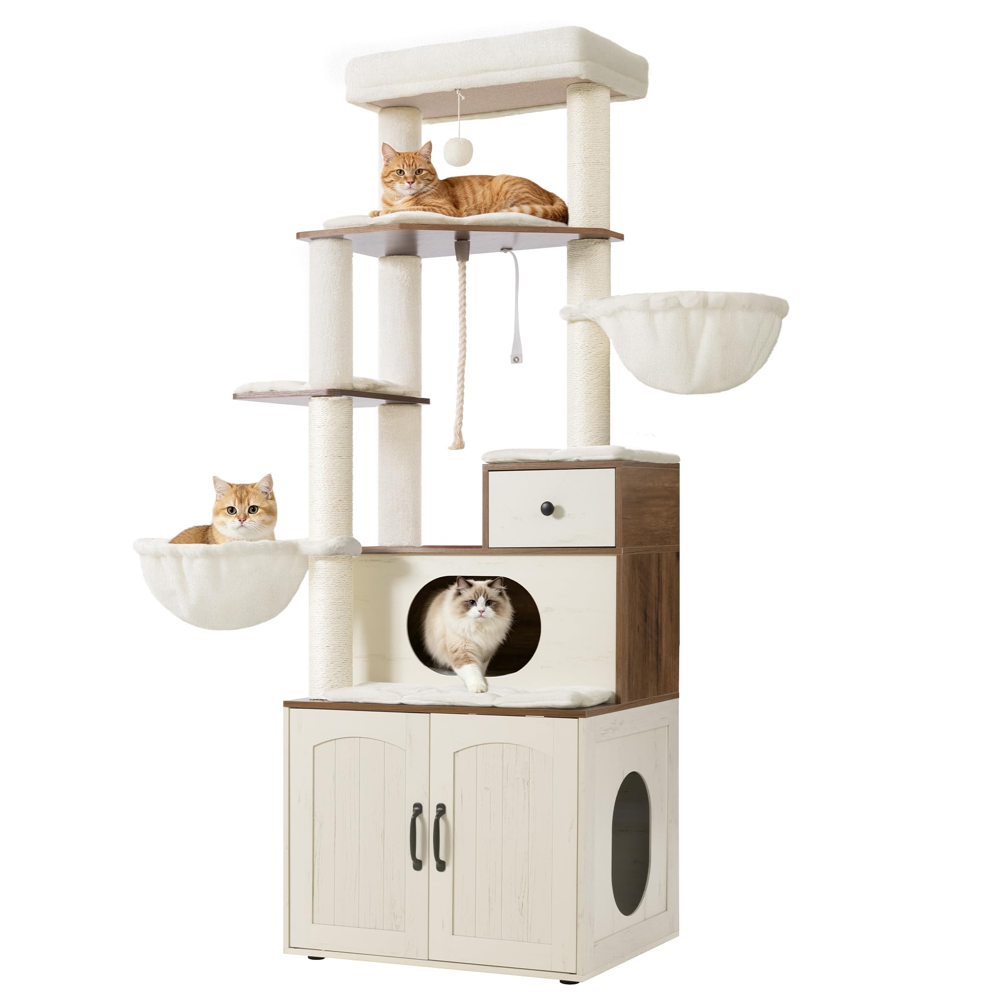 Torre per Gatti con Mobile per Lettiera, 180 cm, Bianco e Marrone