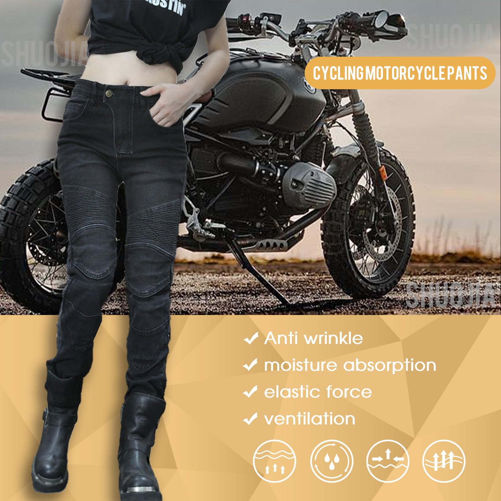 Pantaloni Moto Donna, Pantaloni da motociclista Elasticizzati Pantaloni da motociclista protettivi da gara slim fit Jeans da Moto con 4 imbottiture protettive rimovibili (Black,S)