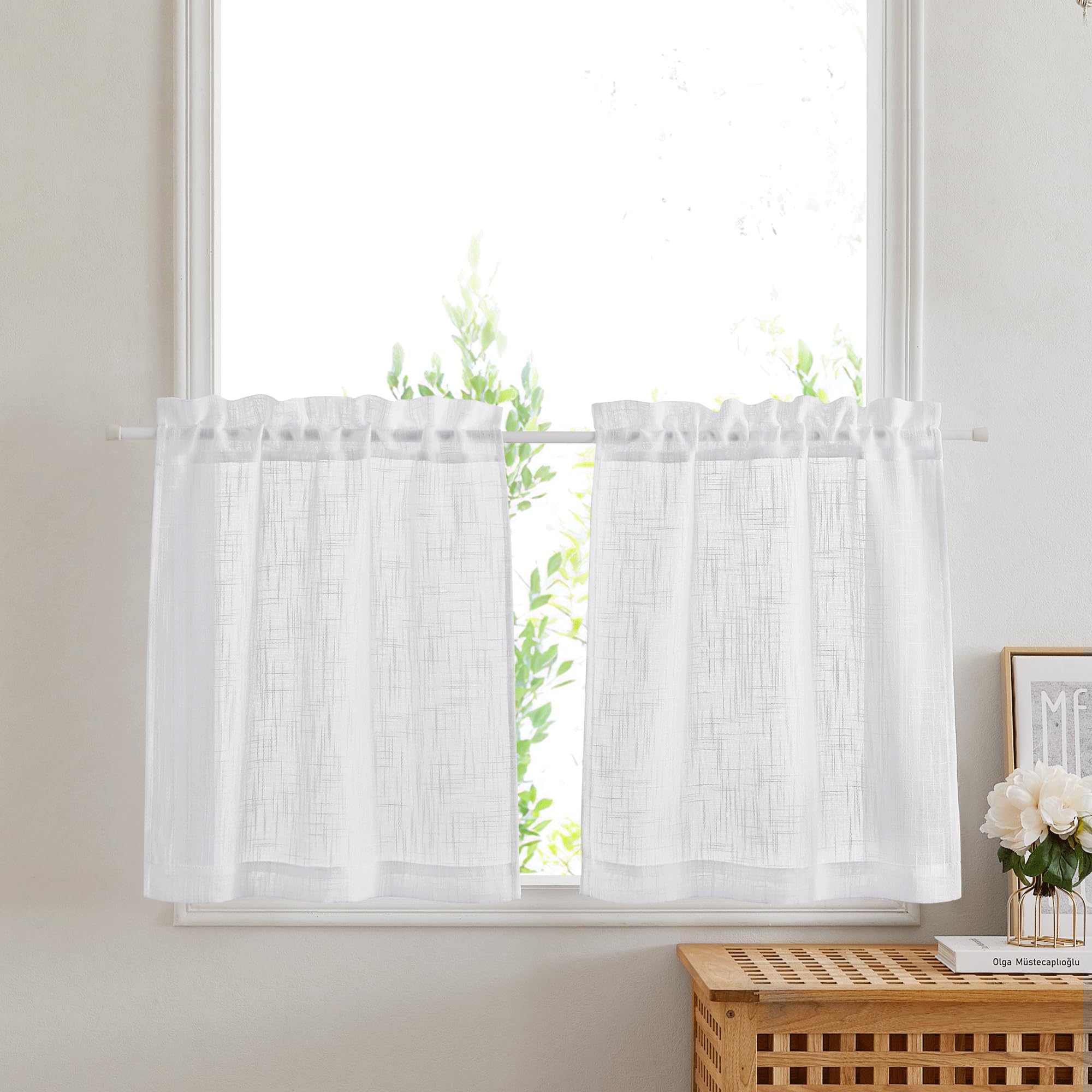 Tenda Per Cucina Bianca Effetto Lino Con Occhielli - 145x45 Cm - Semitrasparente E Leggera