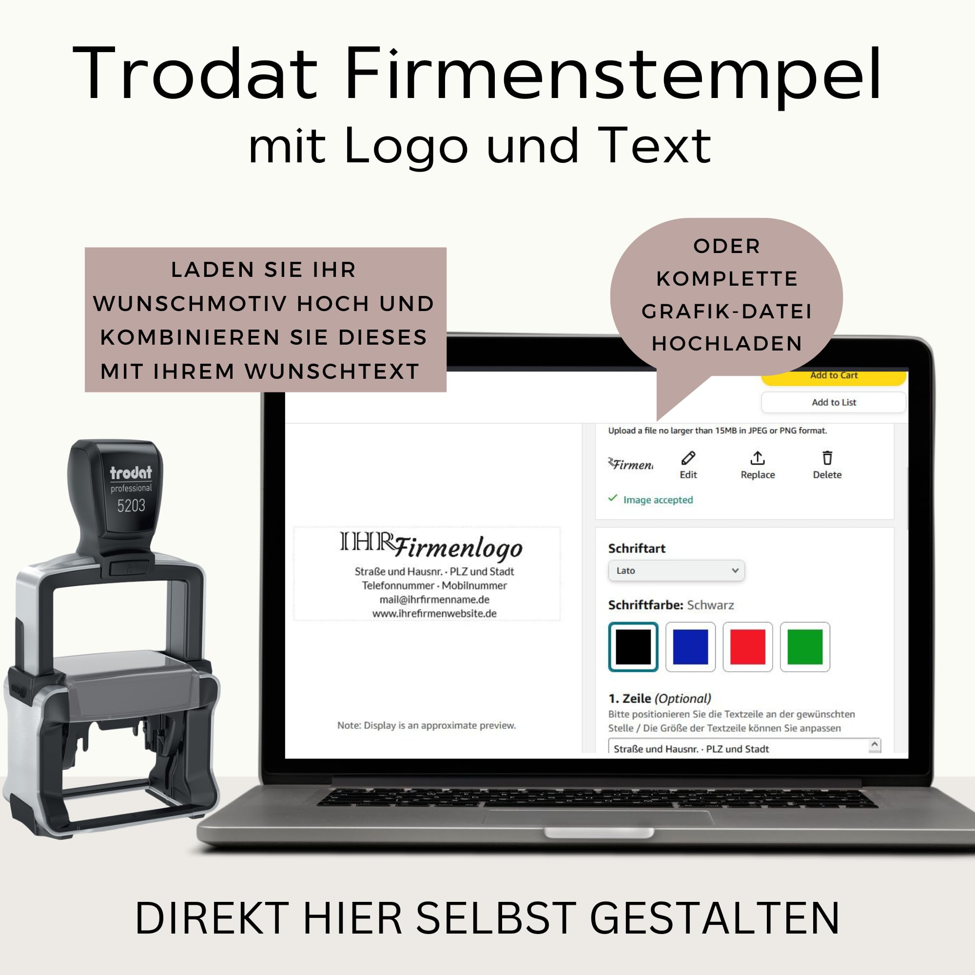 Trodat Firmenstempel mit Logo und Text – Professional 5203 – Personalisierter Stempel zum Bestellen mit bis zu 6 Zeilen, Abdruck 49x28 mm