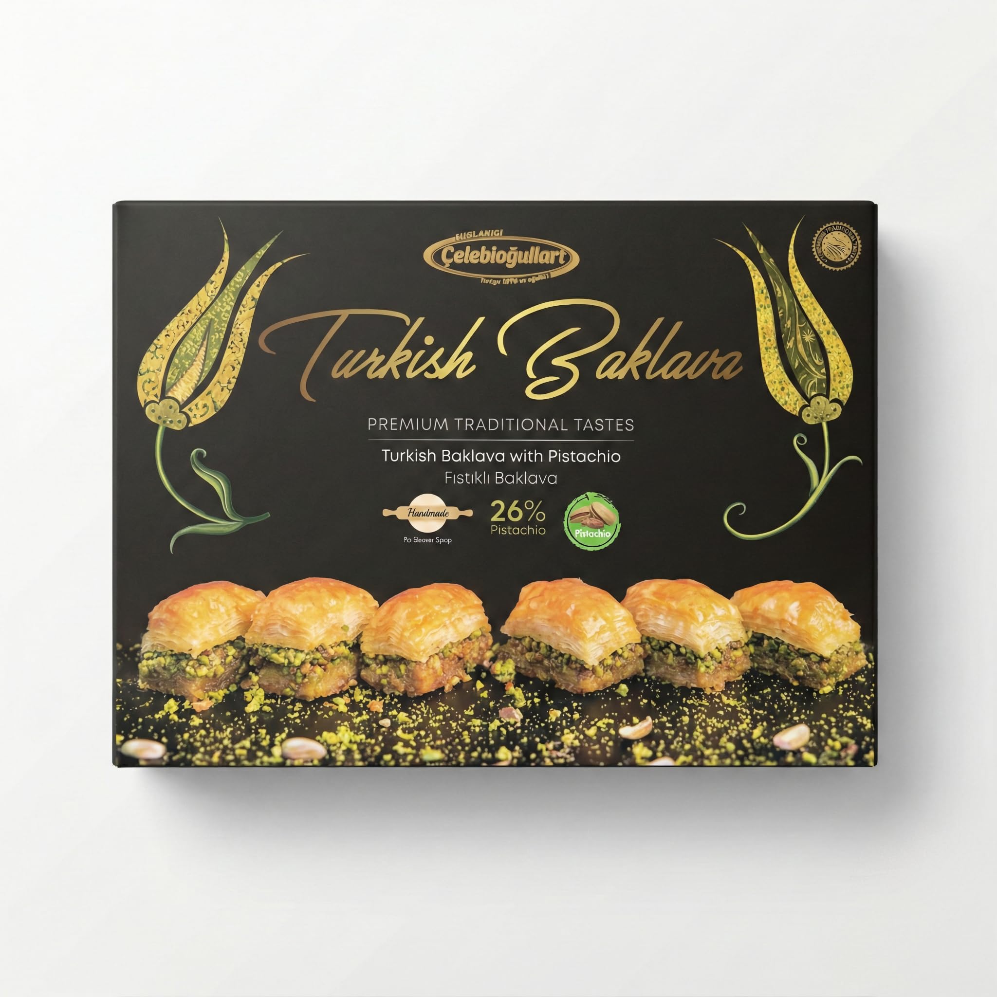 Baklavacı Çelebioğulları Baklava Turc à la Pistache – 500 g (1,1 lb) Pâtisserie Traditionnelle Faite Main – 26% Pistache – Sans Sirop de Glucose – Halal – Coffret Dessert Méditerranéen Cadeau