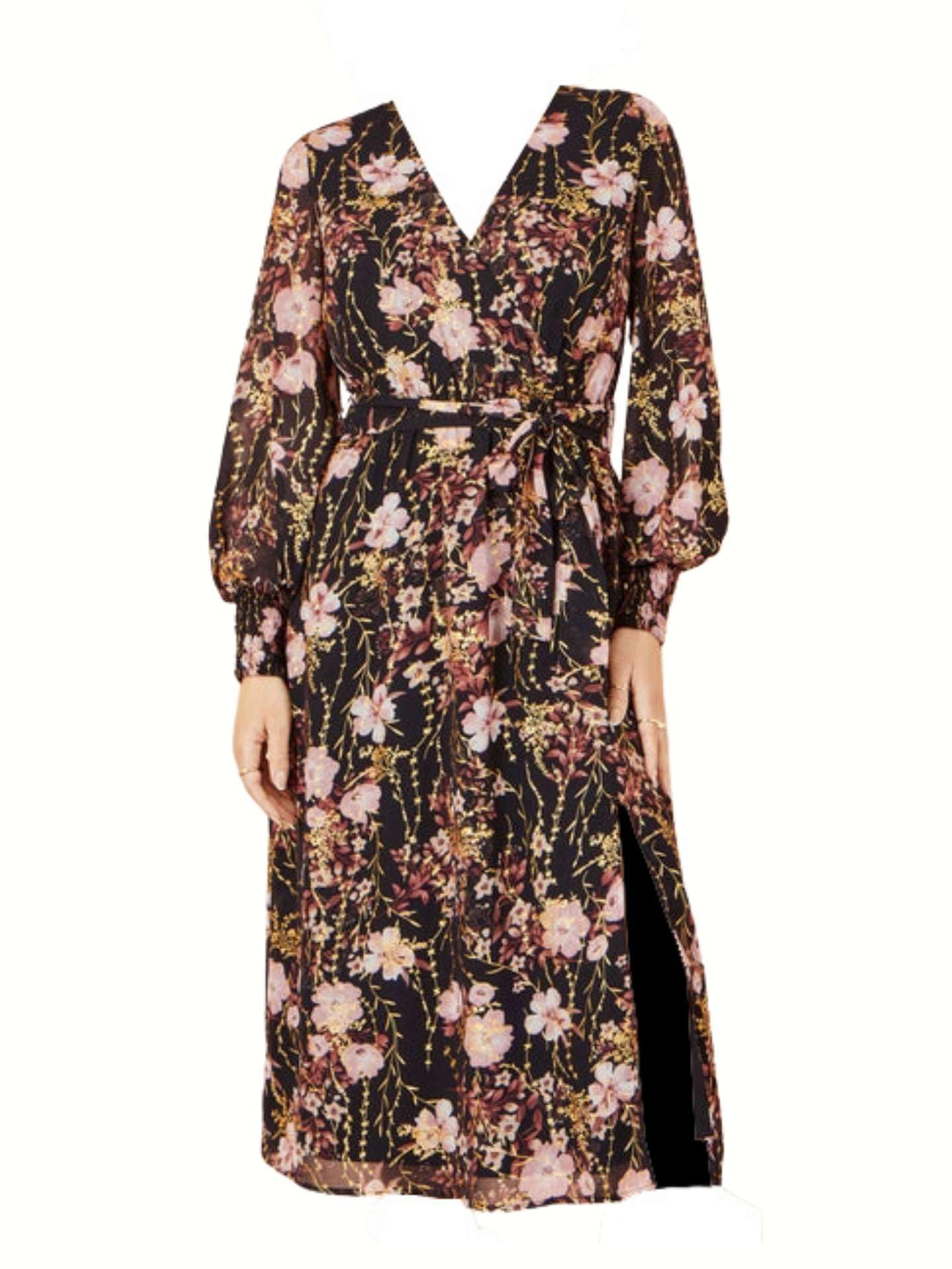 Yumi Women's Black Foiled Floral Print Wrap Midi Dress (Uk, Numeric, 10, Regular, Regular, )