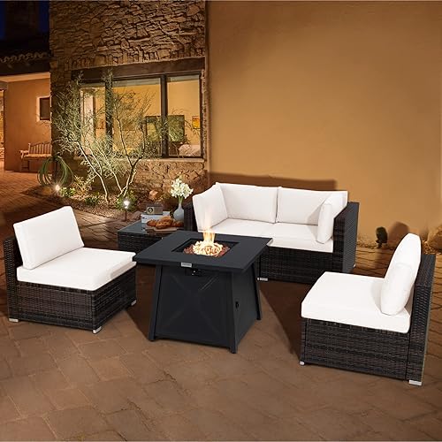 Miniatura 2 de Tangkula Juego de 6 muebles de patio con mesa de fogata de propano de 30 pulgadas, juego de conversación de mimbre de polietileno para exteriores