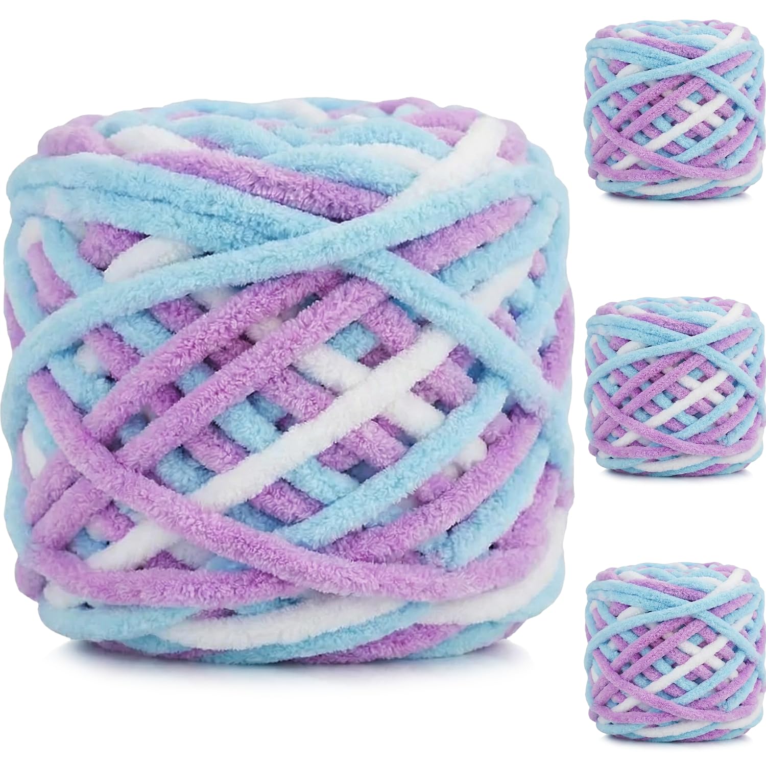 Exquilnova 4 Pack Chunky Yarn for Hand Knitting,380g Multiple Colors Chenille Yarn for Knitting & Crochet,Soft Chunky Wool for Blankets,Cushion,Scarves,Pet Beds,Bags,Hats,Sweaters(Blue Purple White) — image 1