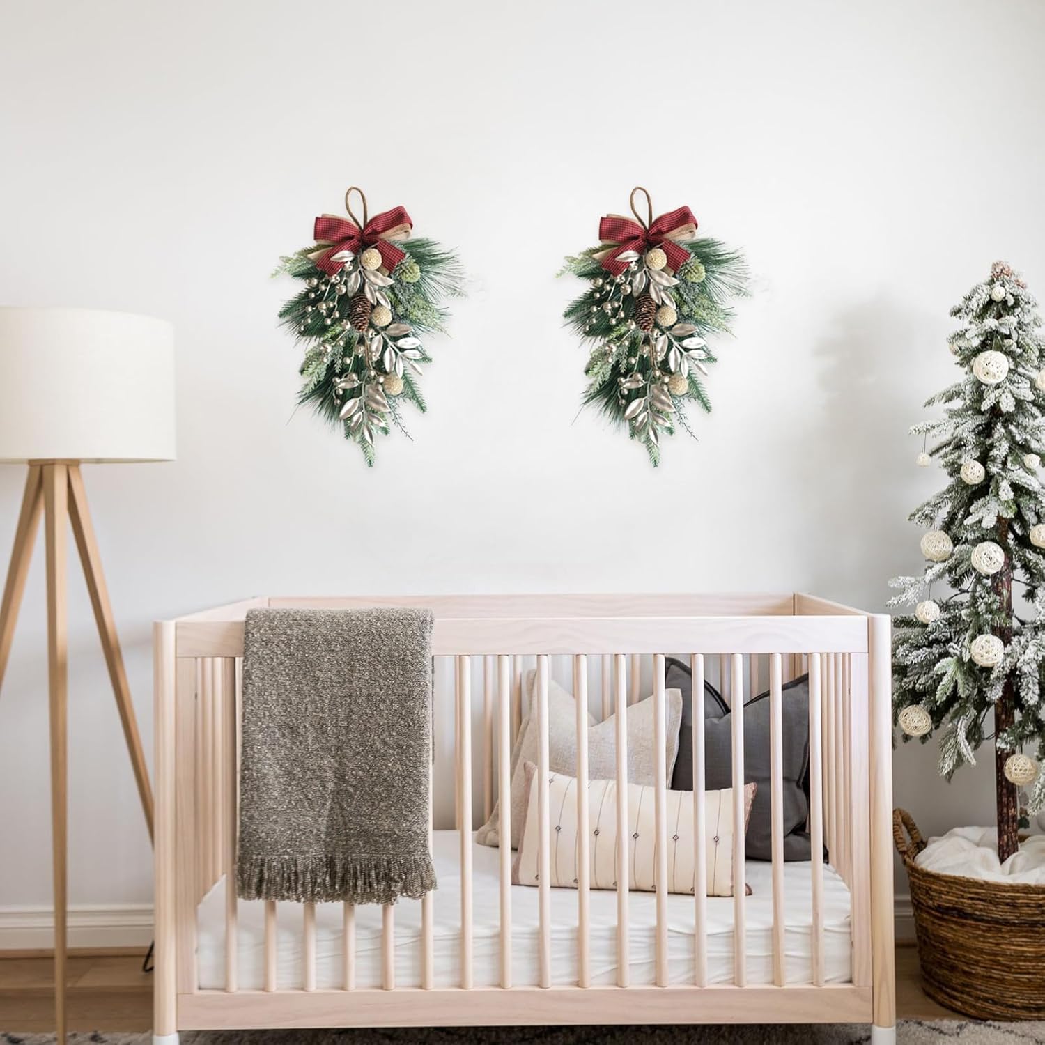 idyllic 2PCS Christmas Teardrop Swag Decor - 20 Inch Champagne Berry Wreath for Front Door, Fireplace, Includes Pine Cones, Spruce Branches, and Pine Needles - Perfect for Holiday Home Party Decor