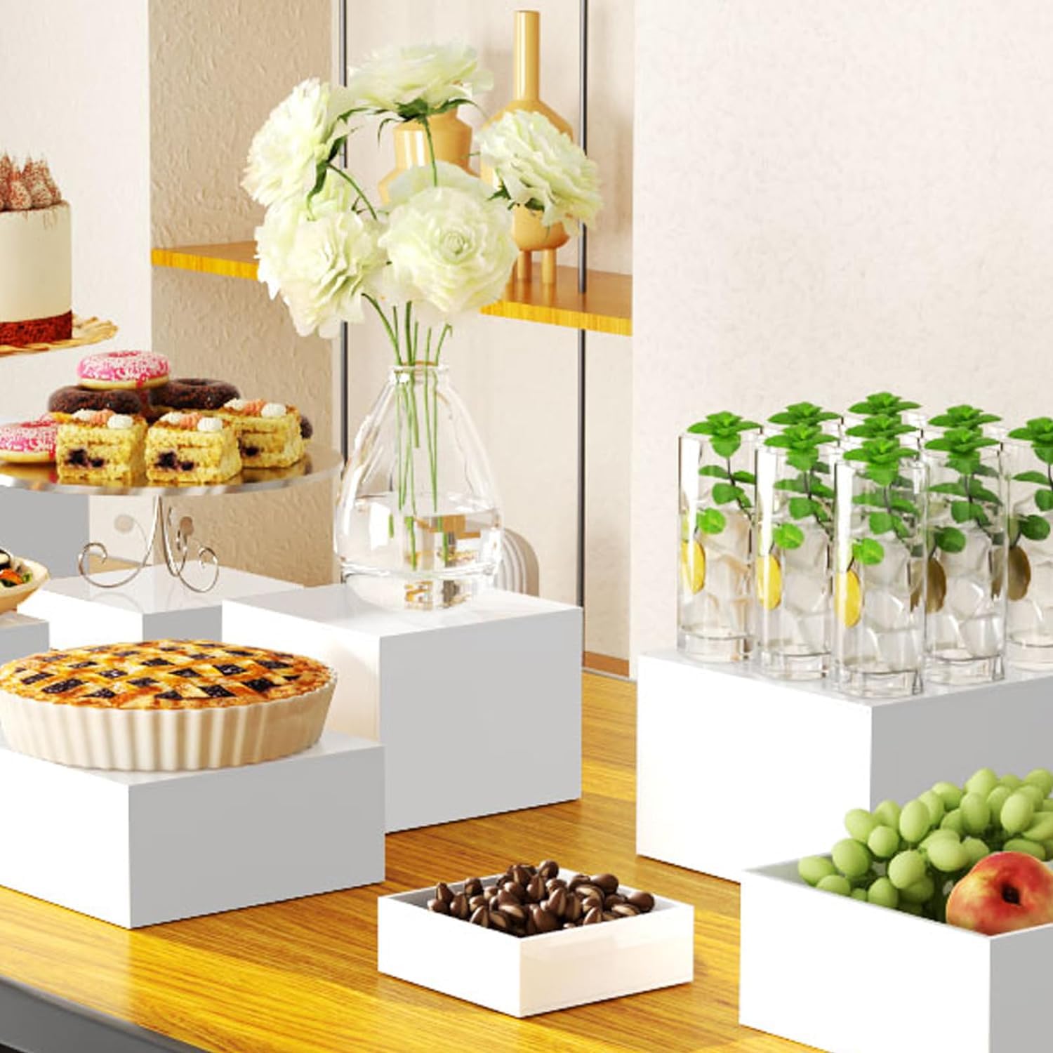 8 pièces Presentoir buffet avec mini panneaux de table, Présentoir acrylique, Cube en acrylique blanc avec fond creux, pour desserts/bijoux