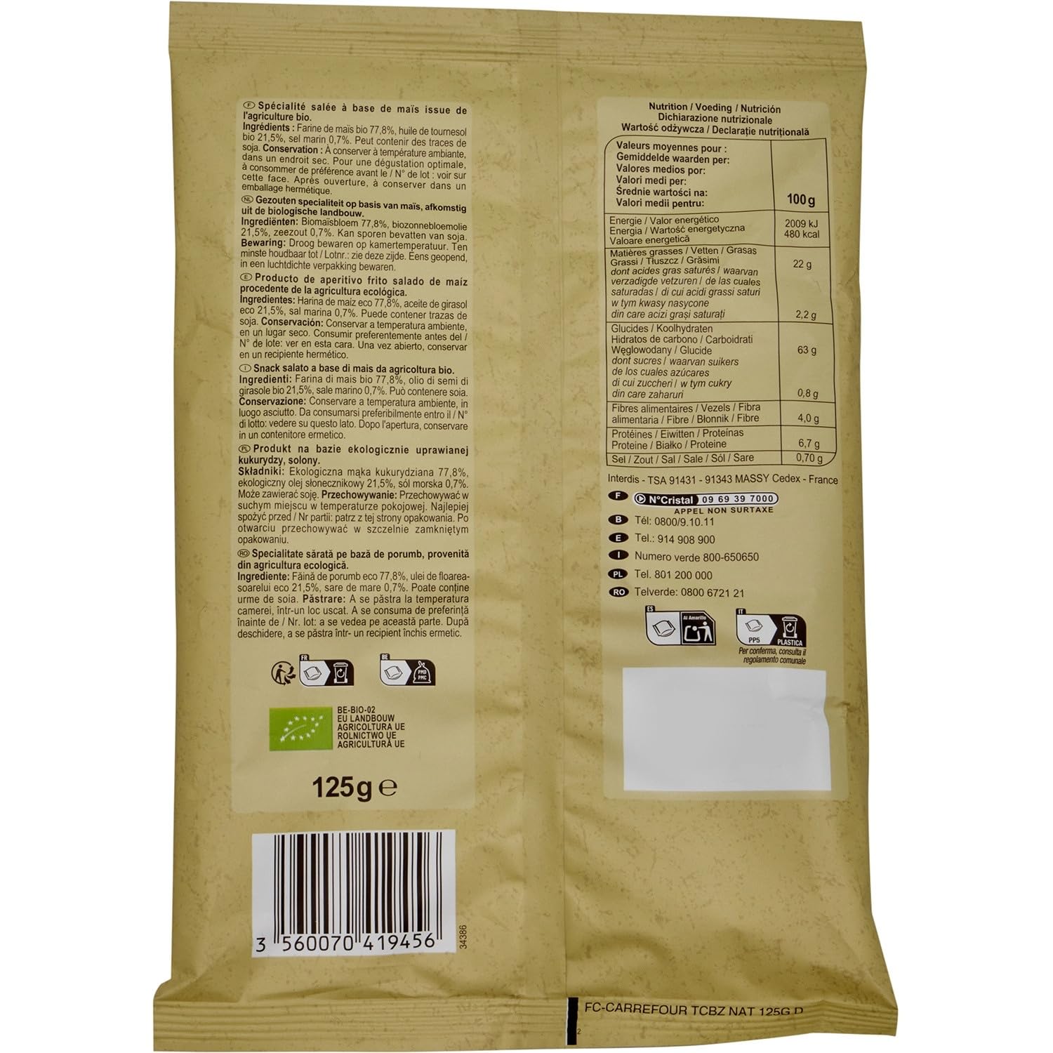 CARREFOUR BIO - Chips Tortillas Nature Bio - à la Farine de Maïs - le sachet de 125g - Le Lot De 4