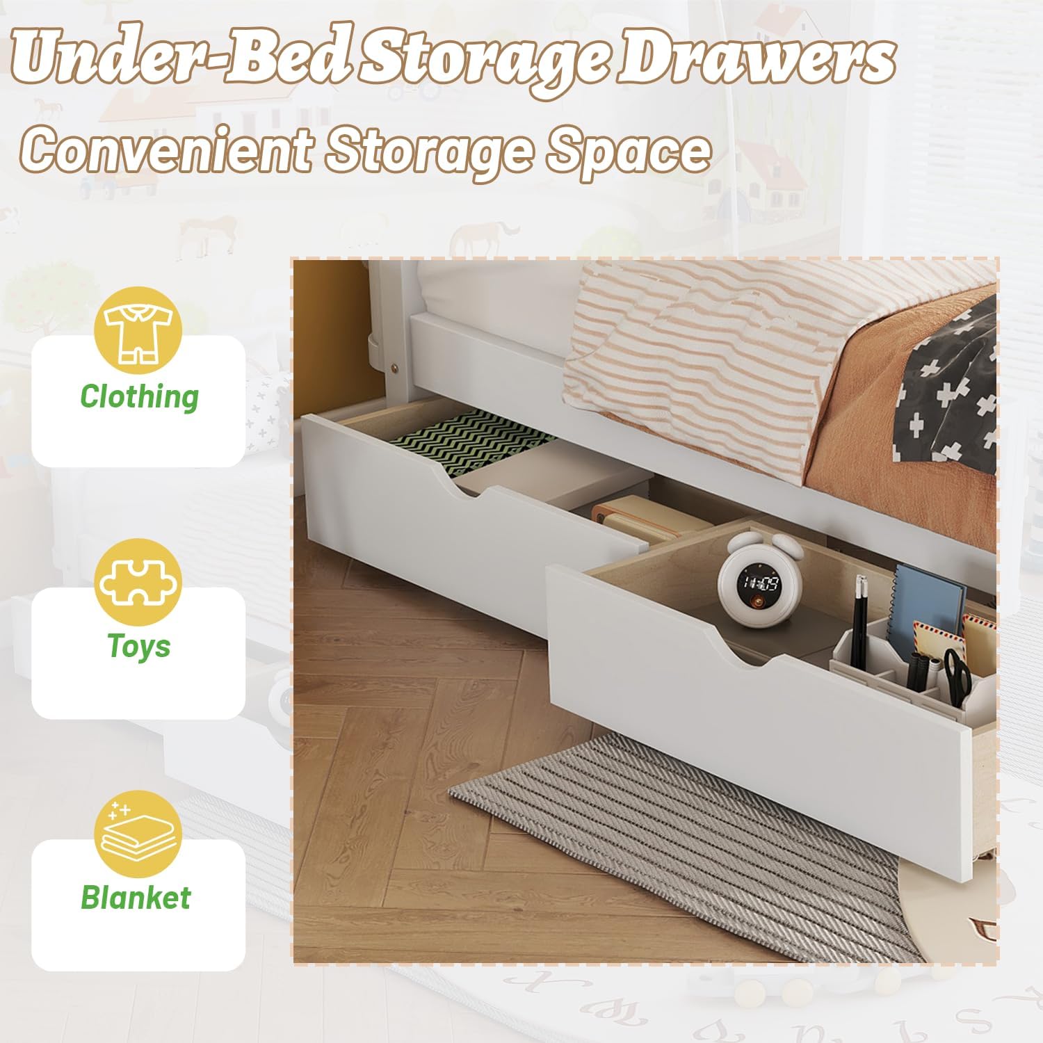 Full Size Kids Bed Frame, Low Profile Montessori Bed Full with Rails, Wood Daybed with Storage Drawer for Girls & Boys, No Spring Box Required, No Squeaks, White