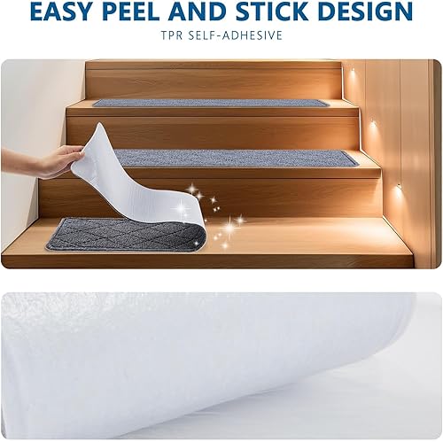 Miniatura 4 de Peldaños de escalera para escalones de madera interior, paquete de 15 unidades de 8 x 30 pulgadas, alfombra antideslizante con adhesivo reutilizable