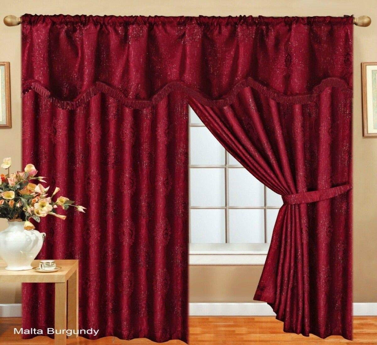 Prime Linen Curtains Pair Glitter Stripe Jacquard Fully Lined Matching Pelmet & Tieback Burgundy 90 x 72