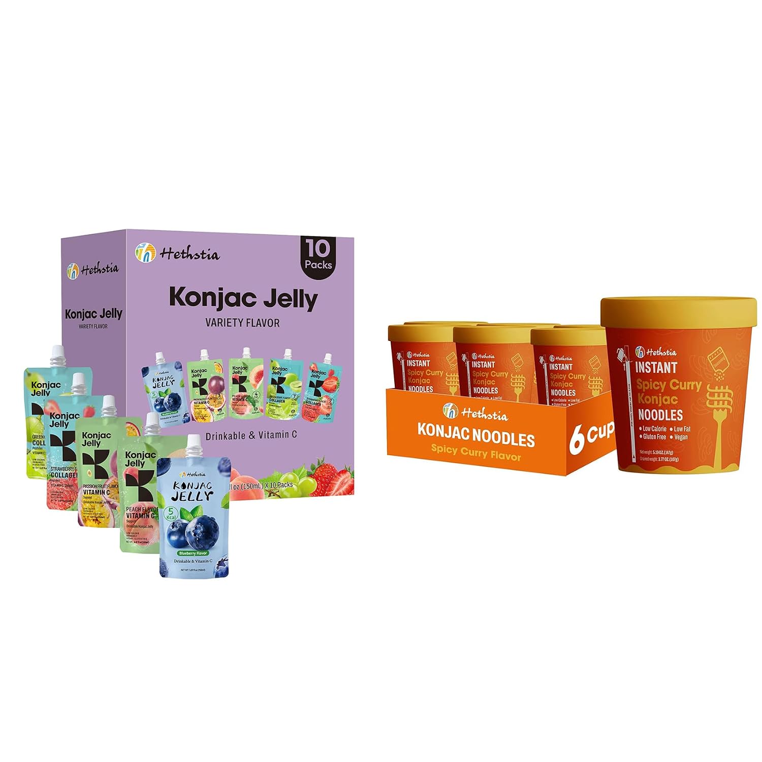 Hethstia Konjac Noodle Spicy Curry Soup Pho 6-Pack and Konjac Jelly Variety Pack, 10 Pouches Drinkable Jelly– Blueberry, Peach, Passion Fruit, Green Grape, Strawberry