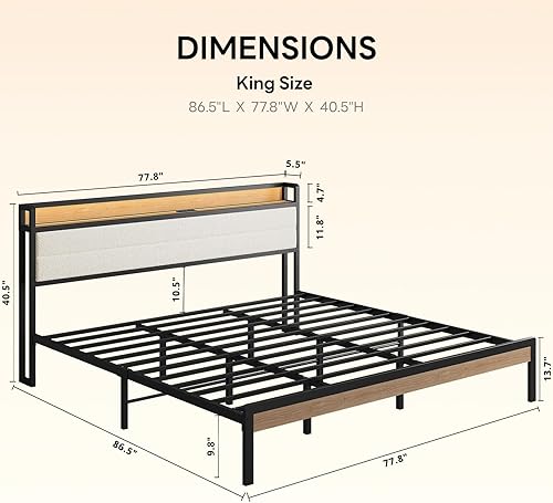 Vista 2 de LIKIMIO Base de cama King con cabecera de almacenamiento y luces LED, plataforma de metal con estación de carga, sin ruido, no necesita somier