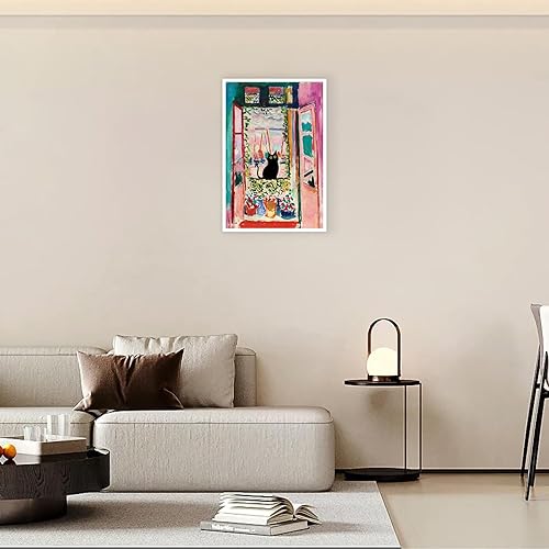 Miniatura 4 de Divertido póster vintage con diseño de gato negro en la ventana, arte de pared con diseño de gato con ventana abierta, arte abstracto y estético de