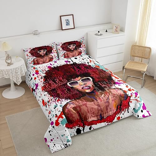 Miniatura 2 de Erosebridal Juego de edredón y ropa de cama de niña negra afroamericana, juego de edredón de grafiti colorido para niñas, niños, adolescentes,