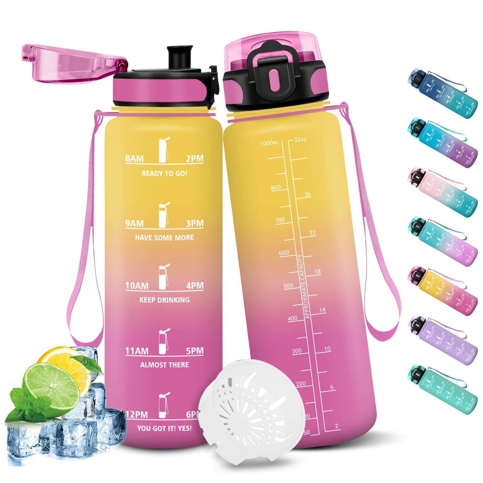 HoneyHolly Trinkflasche 1000ML, Auslaufsicher mit Zeitmarkierung, Water Bottle, Trinkflaschen mit Filter, Trinkflasche Kohlensäure Geeignet, Wasserflasche für Wandern, Laufen, Radfahren