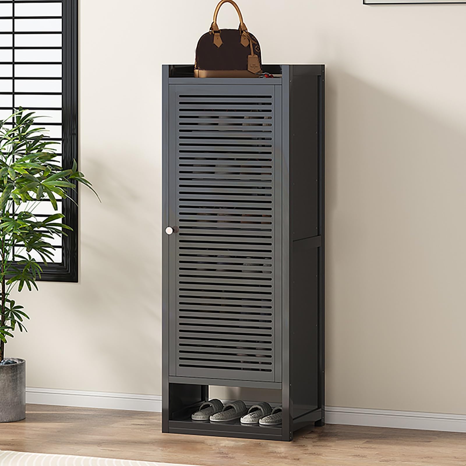 ZIHESY Shoe Organizer Shoe Rack Vertical Storage Organizer Cubby Shelf, Bamboo Shoe Cabinet with Doors, Space-Saving Shoes Organizer and Storage(Black