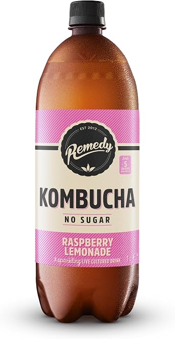 Remedy Kombucha Tea - Raspberry Lemonade - Sparkling Live Cultured, Naturally Sugar Free Soft Drink - Probiotic for Gut Health - 1 x 1L Bottle