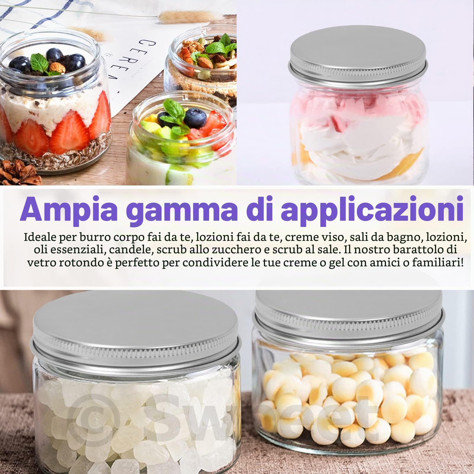 Swpeet Confezione da 15 barattoli in vetro trasparente da 60 ml con coperchio argentato, contenitori rotondi in vetro per cosmetici, barattoli da viaggio per cosmetici, creme e lozioni