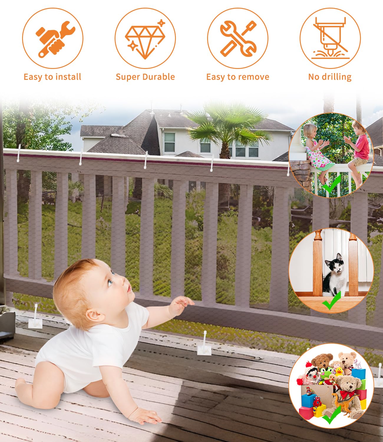 Red de Seguridad Infantil, Red de Seguridad Niños para Escaleras, Barandillas y Vallas, Reds de Seguridad para Balcones robustas y Ajustable para niños, Mascotas y Juguetes, 300 x 90 cm, Marrón