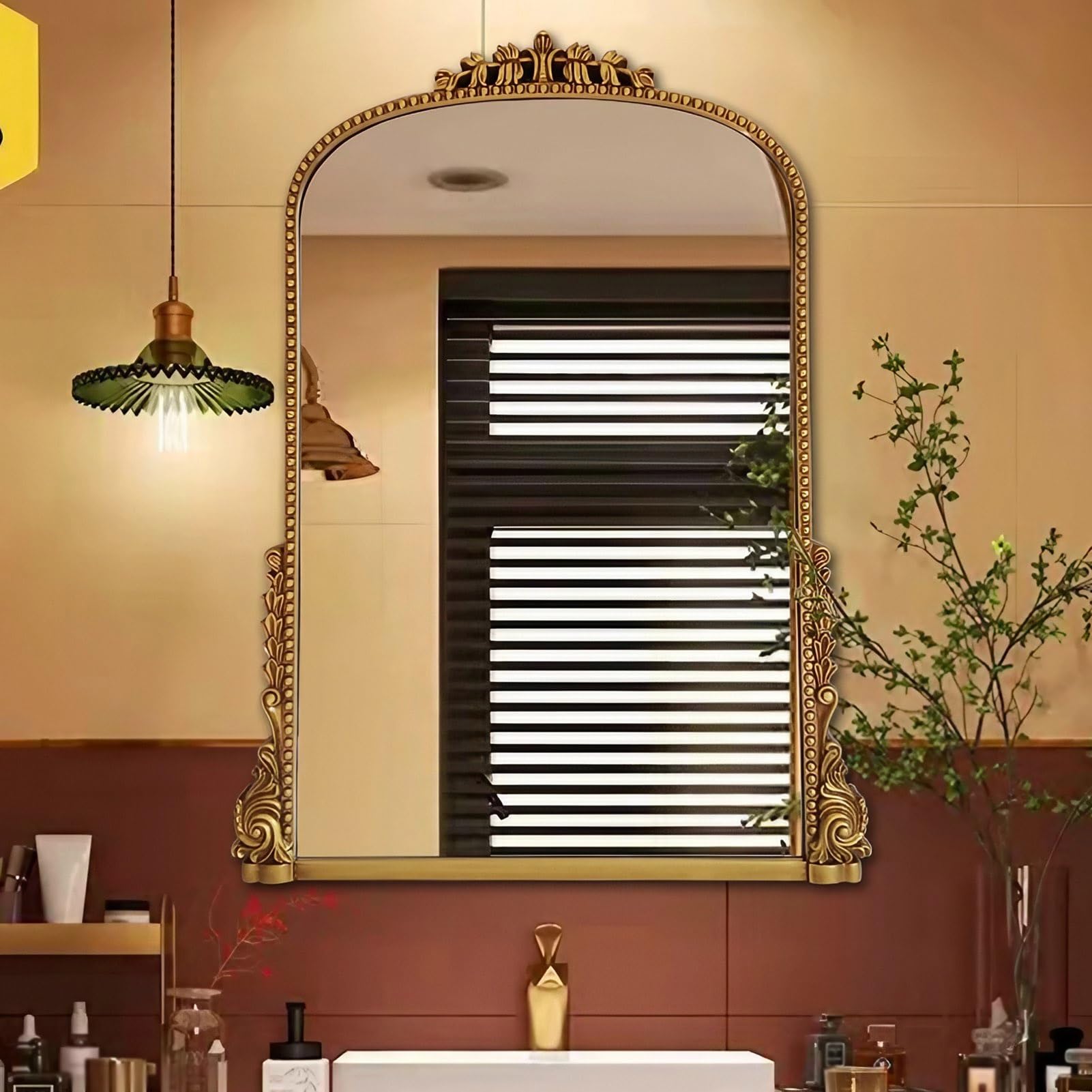 FGXHHS Vintage Ornate Wall Mirror, 24″×32″ Antique Decorative Bathroom Vanity Mirror for Bedroom Entryway Fireplace, Gold
