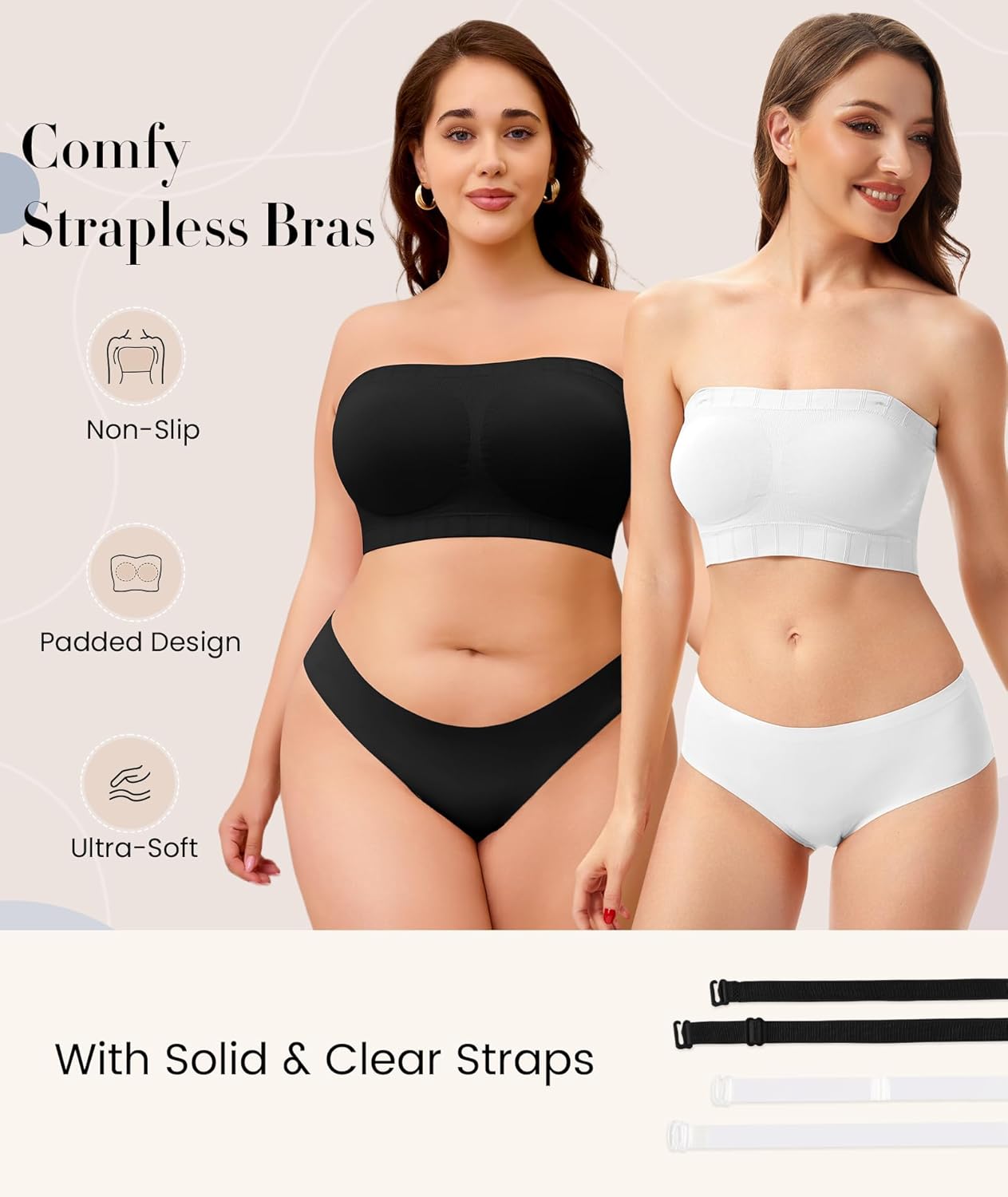 Strapless Bra for Women No Slip Silicone Grip Bandeau Bra with Fixed Pads Convertible Tube Top Bra with Fabric & Clear Straps - Image 2
