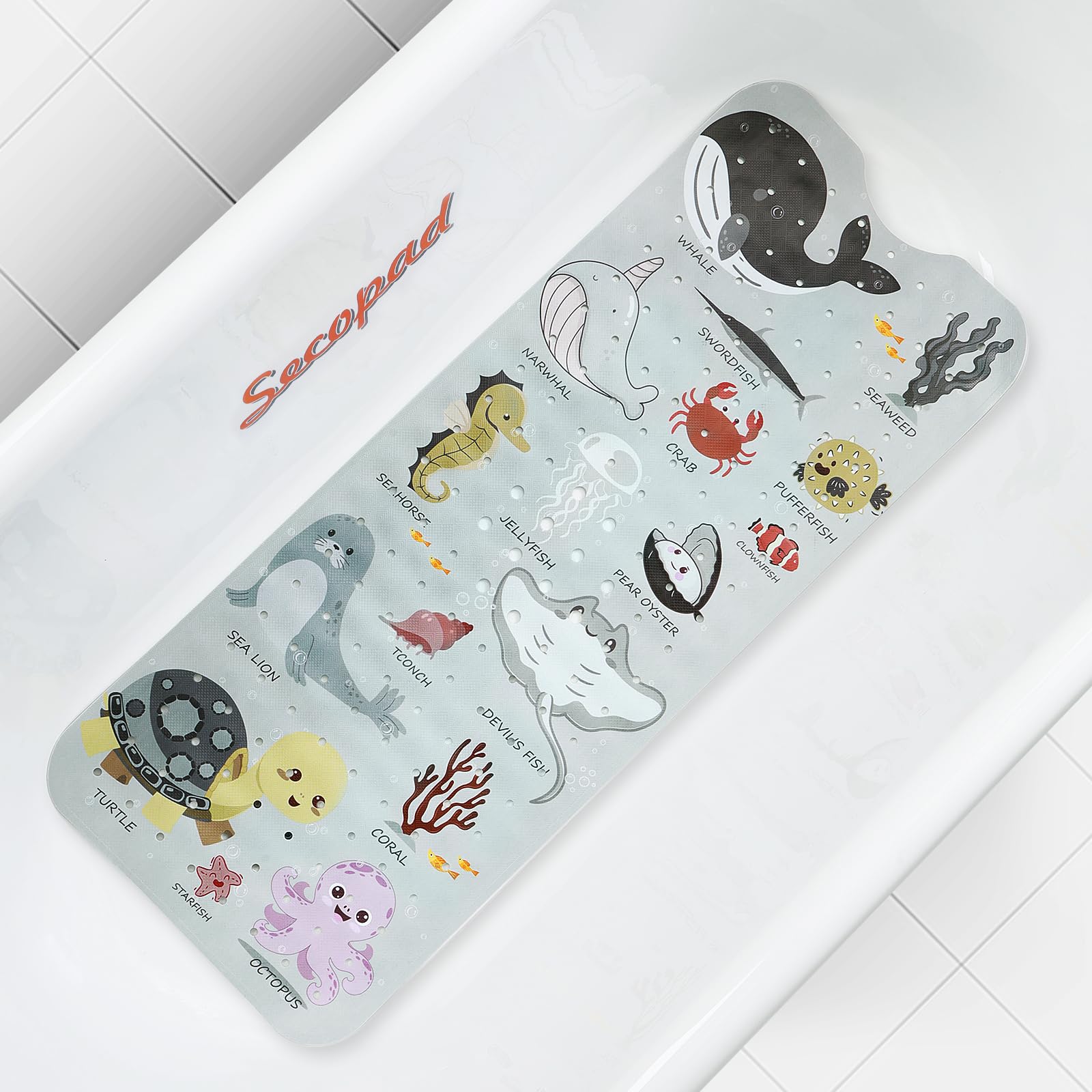 Baby Bath Mat, Cartoon Kids Bathtub Mat Non Slip for Toddler Bath Shower Anti Slip, 40In X 16In with Drain Holes and Suction Cups Machine Washable, Greige Sea Animals