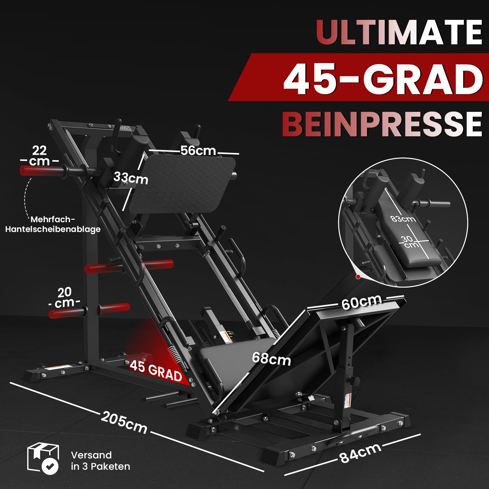Beinpresse Hack Squat Kombigerät mit Linearführung – 45° Unterkörpertraining mit Gewichtsablage für Quadrizeps, Hamstrings, Gesäß & Waden – Home Gym Leg Day Equipment