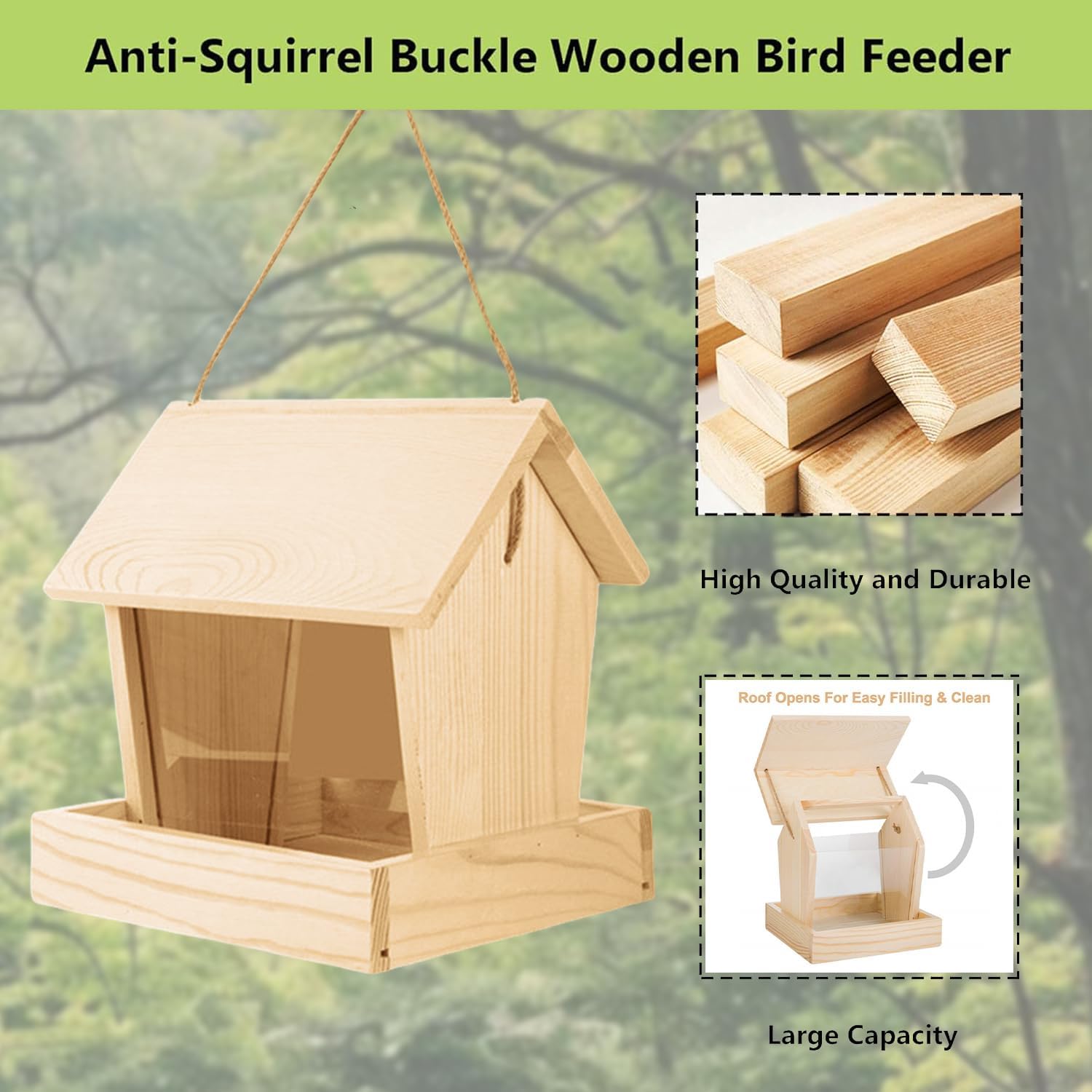 Wooden Bird Feeder with Suet Cages for Outdoors Hanging Mount Large Capacity, Red Cedar Garden Roof FeederCardinal Bluebird Birdfeeder for Garden Decoration Yard, Weatherproof Durable