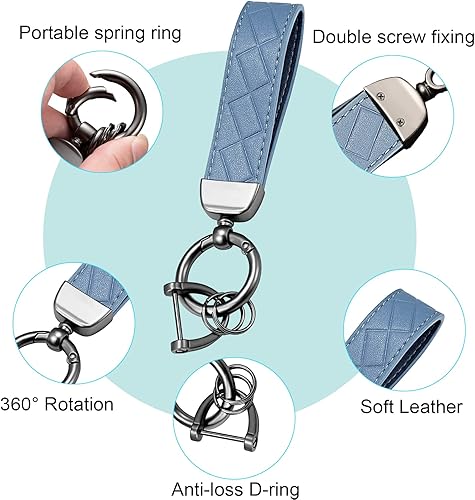 Miniatura 3 de Llavero de cuero para llaves de coche, llavero decorativo universal, anillo en D antipérdida, llavero giratorio de 360 grados, llavero para hombres