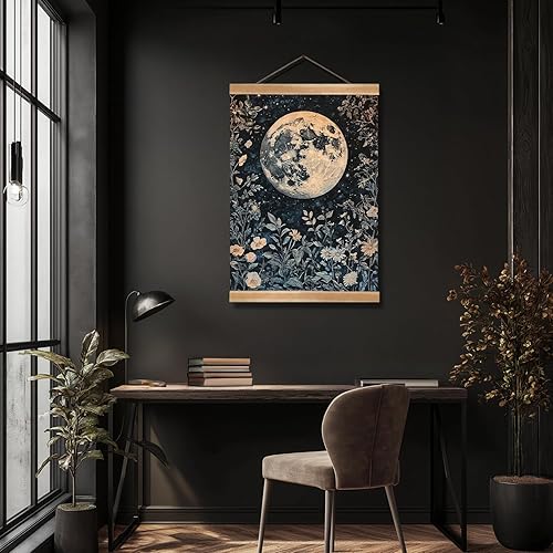 Miniatura 8 de ZTGDA Arte de pared de luna celestial, lienzo de lino botánico místico con marco de madera, decoración de pared de luna nocturna estrellada para