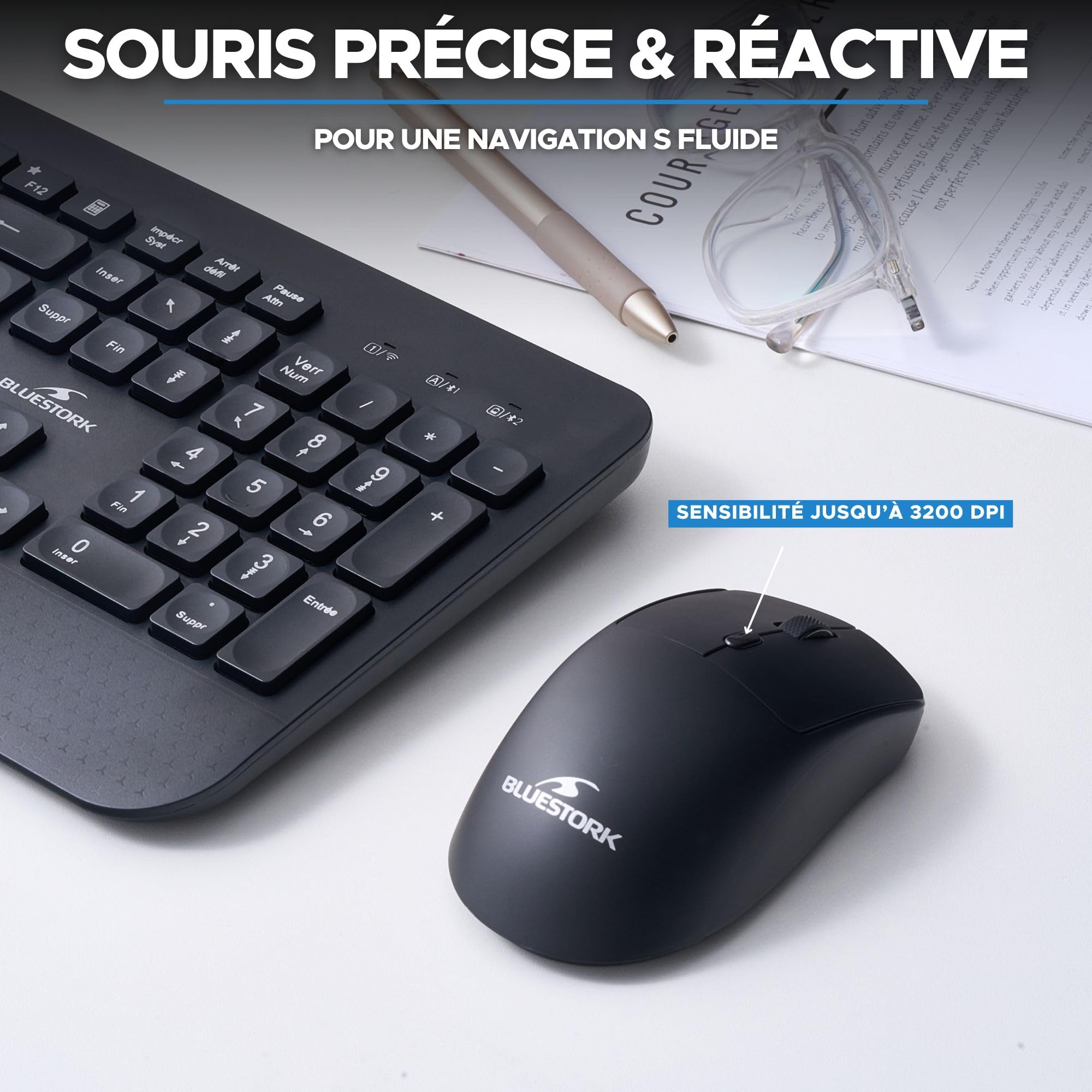 Bluestork Pack Office R2 - Clavier & Souris sans Fil Rechargeable | AZERTY FR, Sans Fil Double Connexion Bluetooth & 2.4GHz, Clavier Rechargeable + Souris Légère, 120H Autonomie