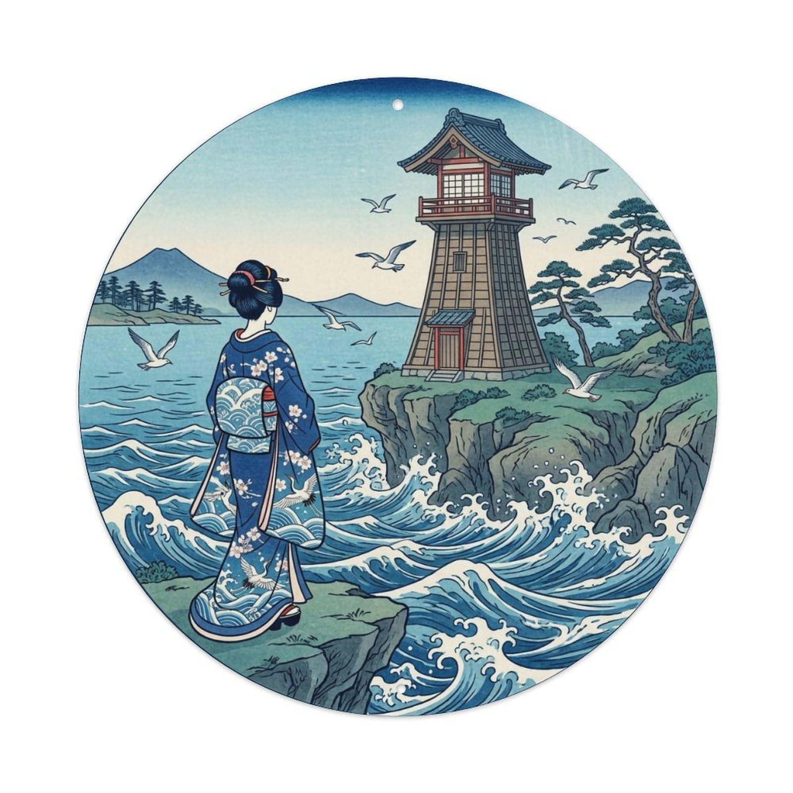 Yrnq 8X8inch Vintage Style Japanese Kimono Lady Seaside Lighthouse Nostalgic Scene Metal Tin Sign