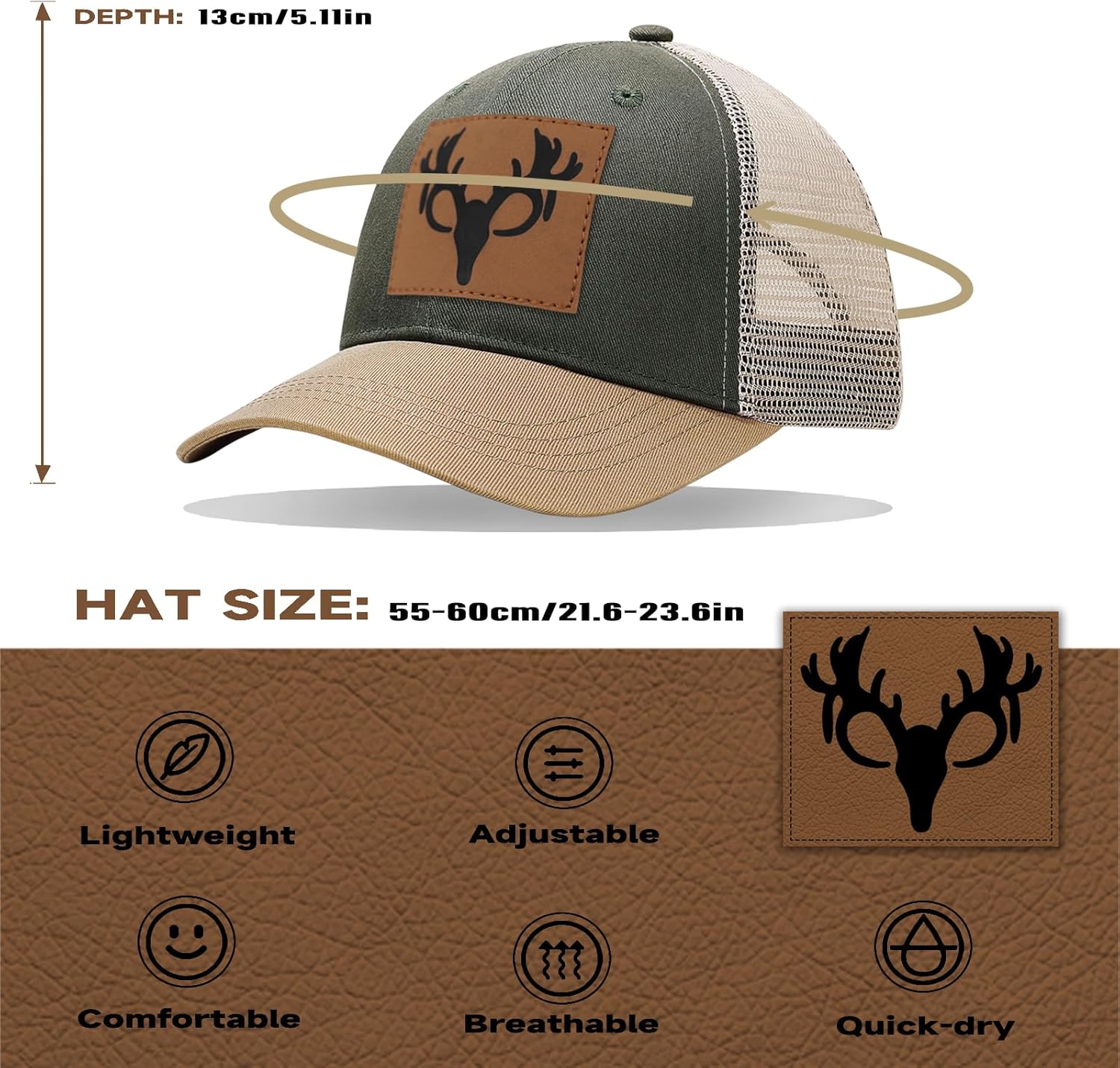 Hunting Deer Hat, Snapback Trucker Hats Leather Patch Mesh Baseball Cap Hunter Gifts for Men Dad Grandpa - Image 4