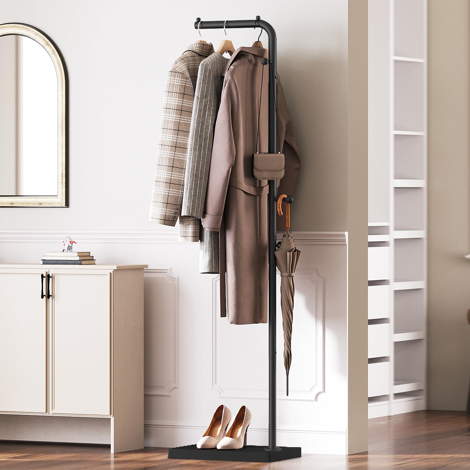 YATINEY Garderobenständer, freistehender Kleiderständer, Jackenständer, Garderobe mit 3 Haken, modern, für Eingangsbereich, Wohnzimmer, Schlafzimmer, Kleiderschrank, Schwarz XYM01BB