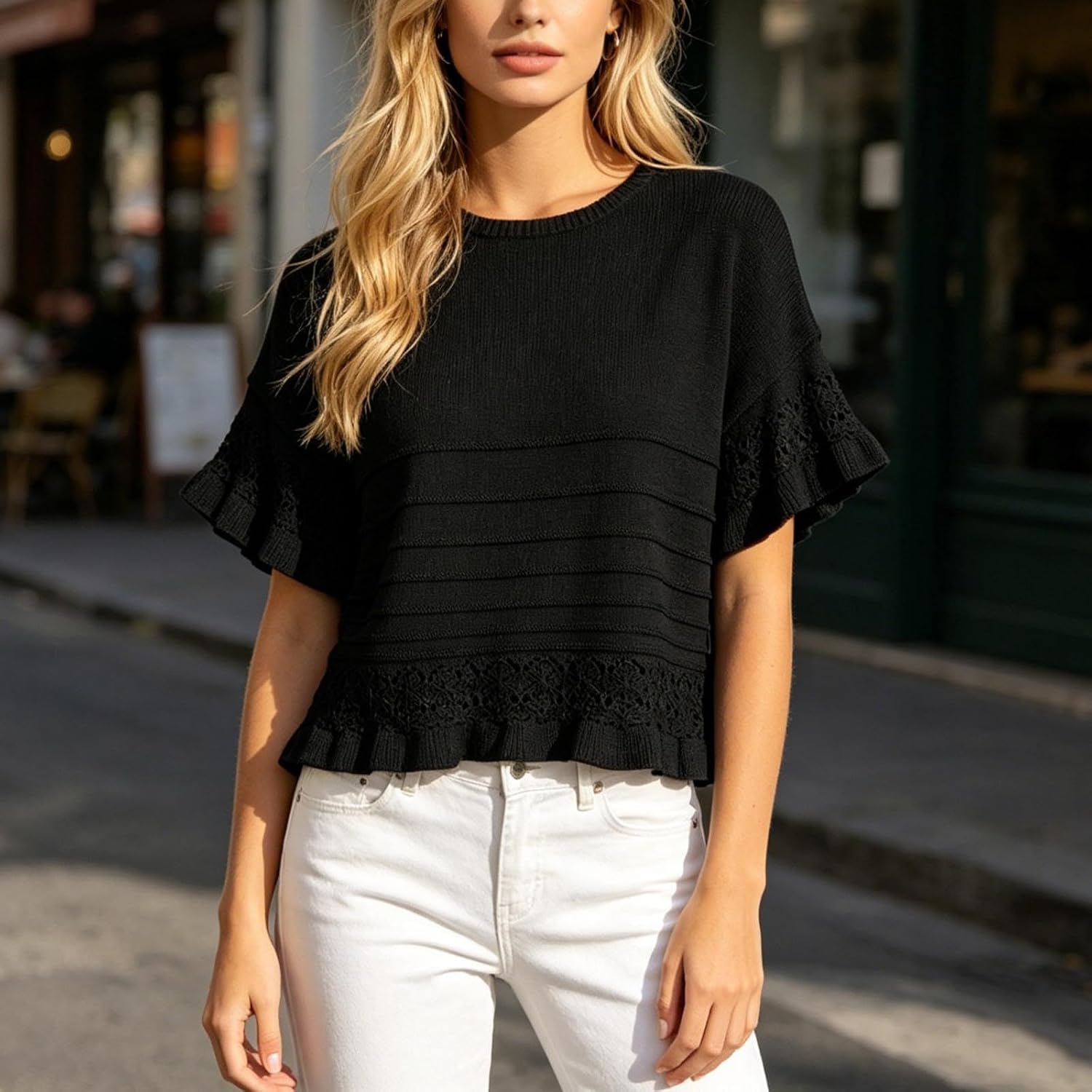 Womens Short Sleeve Sweaters Tops Crew Neck Ruffle Sleeve Spring Shirts Business Casual Work Summer Blouses Outfits