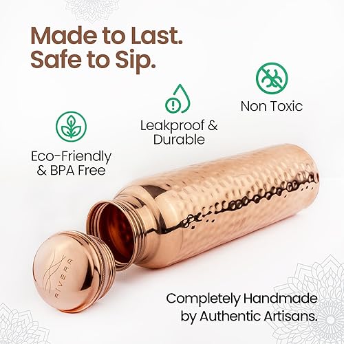 Miniatura 6 de Rivera Botella de agua de cobre puro probada en laboratorio de 30 onzas, 99.92 % libre de PTFE y PFOA, a prueba de fugas y sin articulaciones, sin