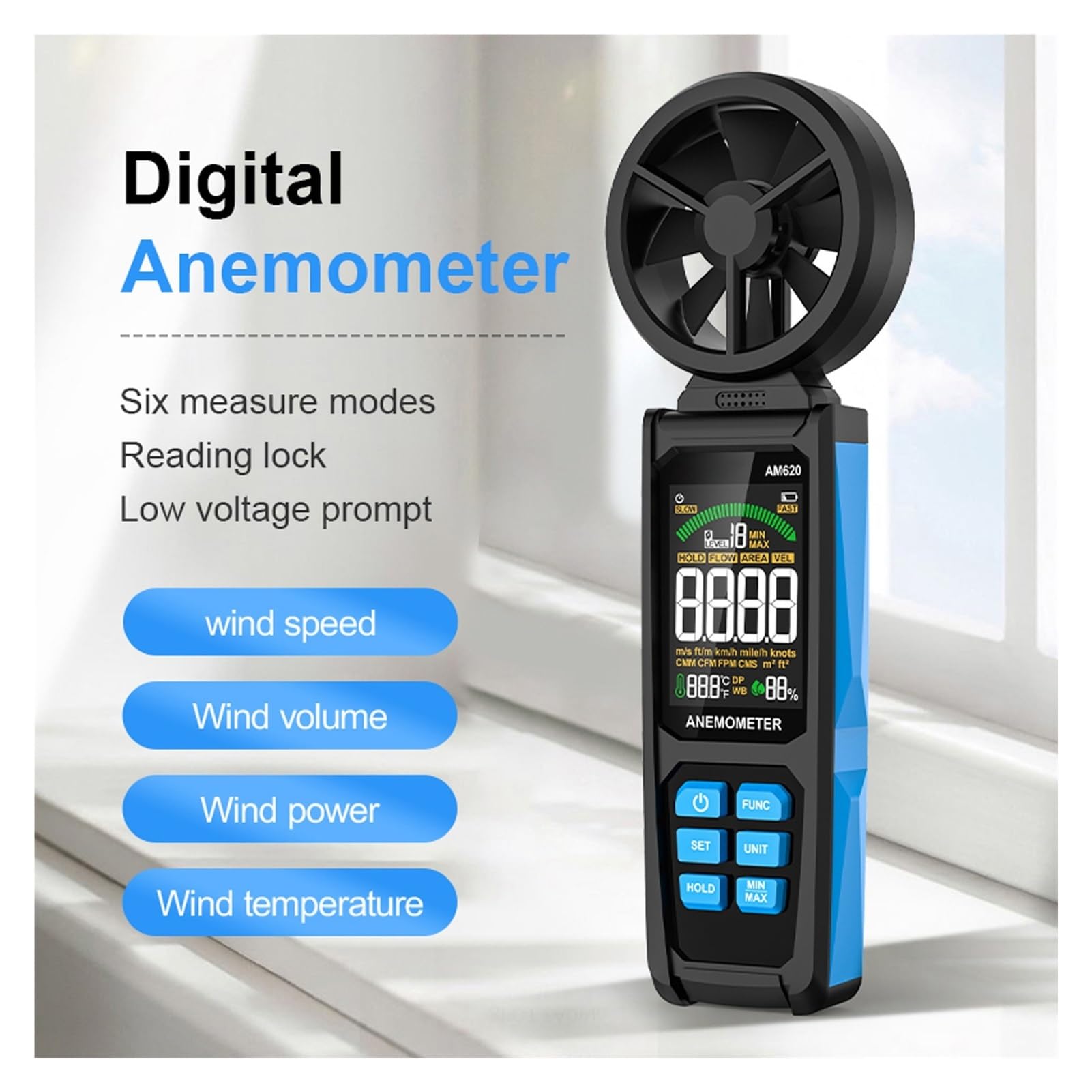 Anemometri, Anemometro digitale resistente all'erosione, misuratore di velocità del vento digitale preciso, 8 pale sensibili girevoli